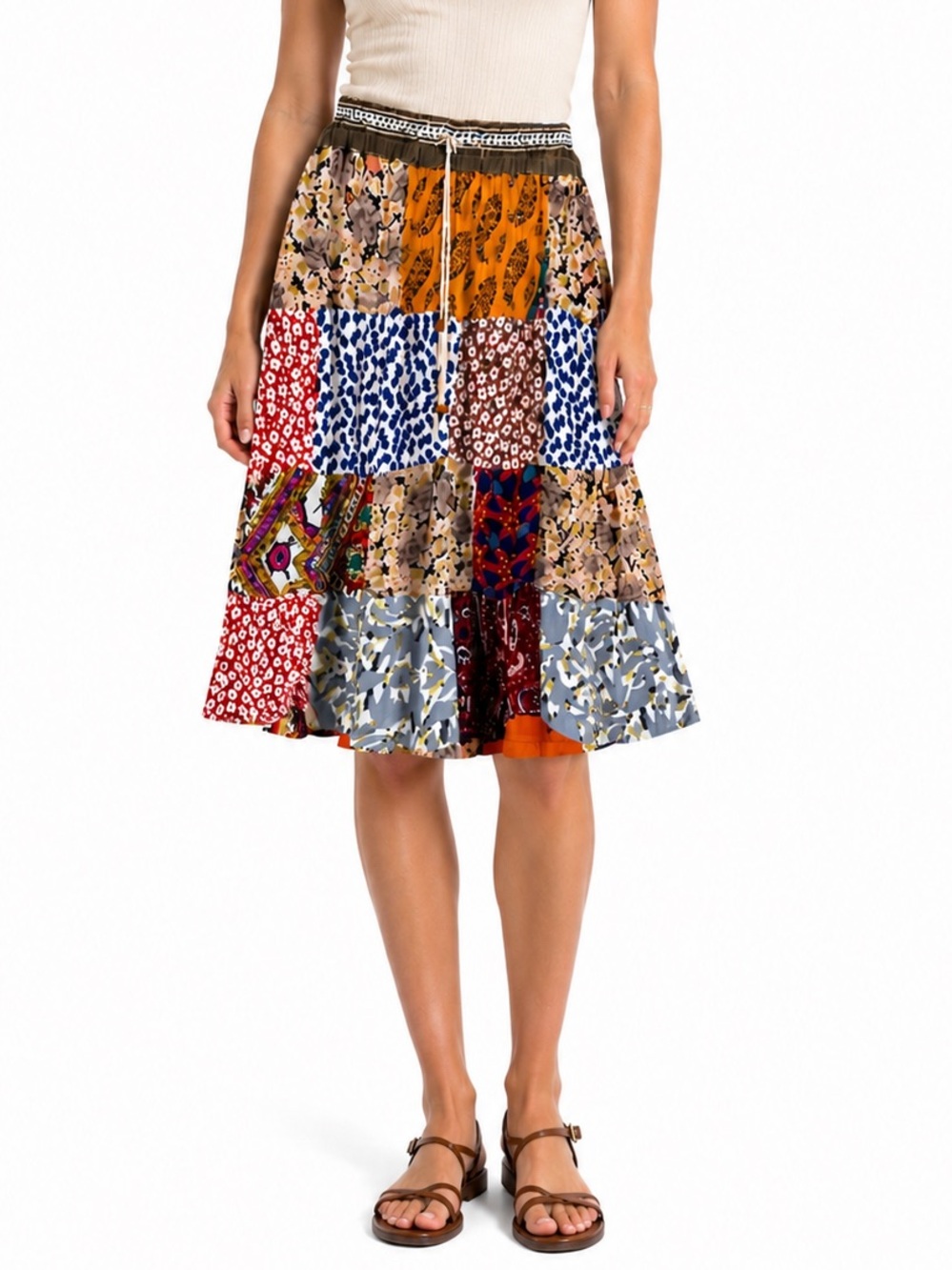 Vintage Just Cruising Patchwork Midi Skirt Boho Festival Free Size Rayon